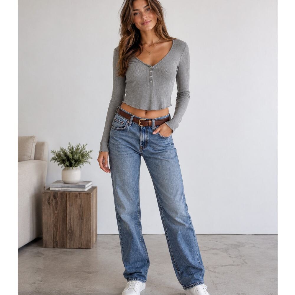 Intimately Free People Grey Ribbed Long Sleeve Cropped Henley Blouse Womens XS